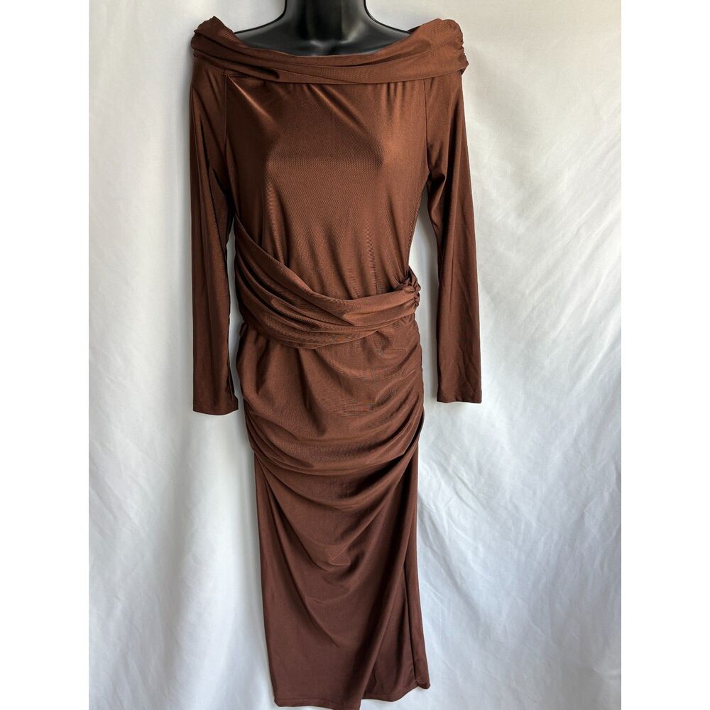 Brown Chocolate Midi Maxi Dress Size M Bodycon Draped Date Off Shoulder Romantic